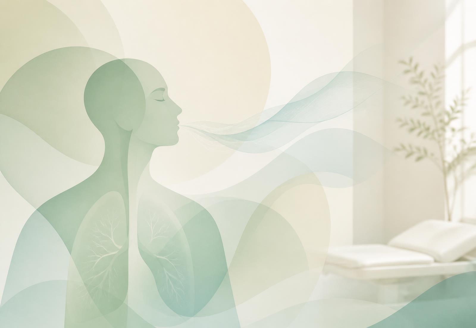 Soft abstract shapes in sage and teal representing a calm clinical workspace